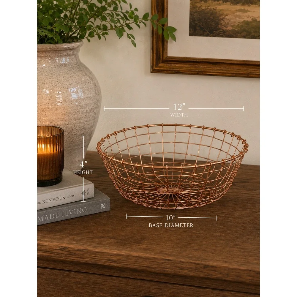 Handmade Round Copper Wire Basket Minimalist Metal Bowl Decorative Storage 11.75